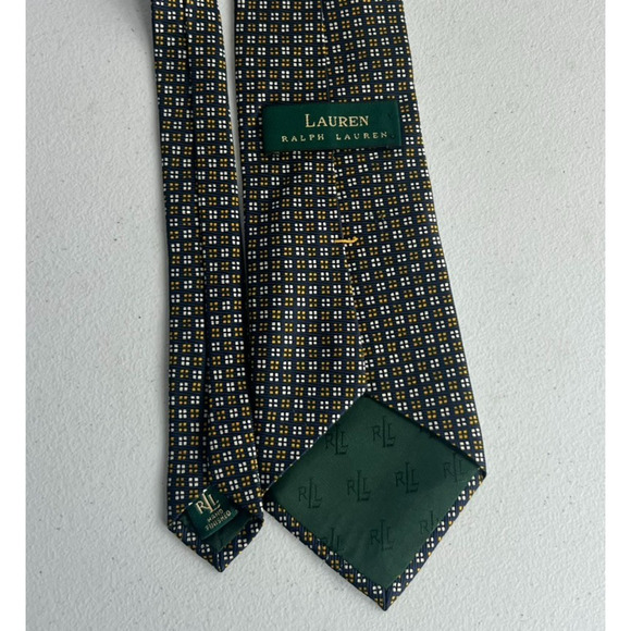 Lauren Ralph Lauren Men's Necktie Blue Yellow Geometric 100% Silk Hand Finished - Picture 2 of 6